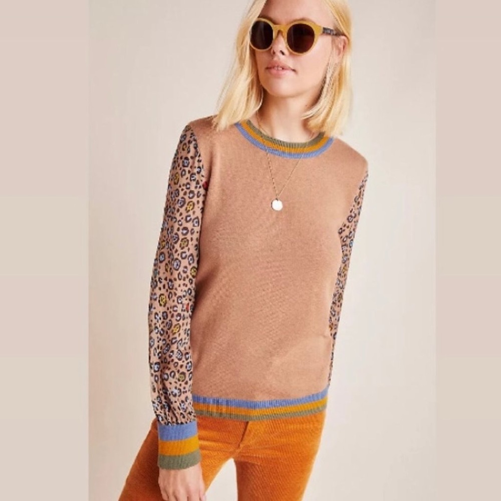 Anthropologie x Conditions Apply Celina leopard print striped sweater, size XS